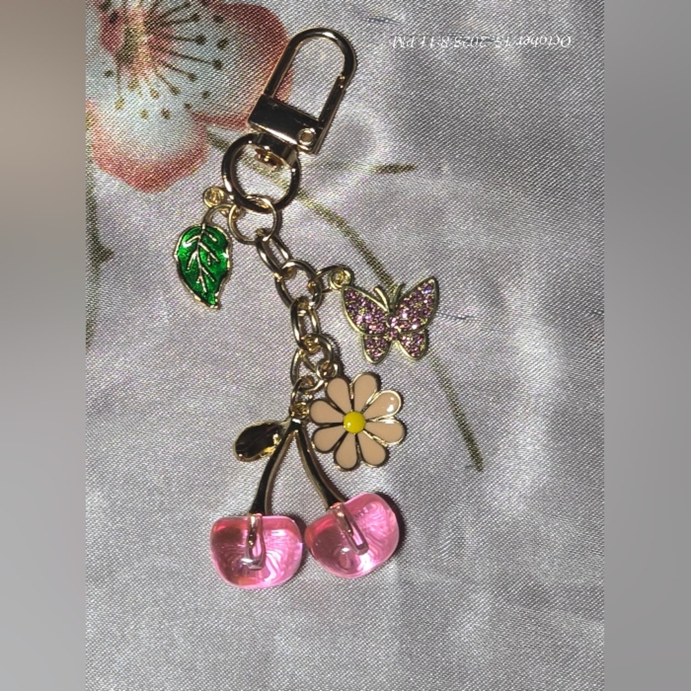 cherry and Floral bagcharm with Pink and Gold Accents